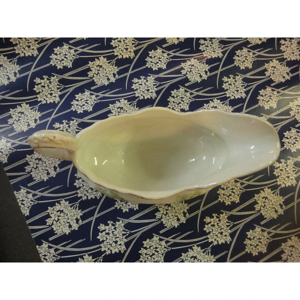 Estate find vintage gravy boat bowl with handle blue white flowers scroll work‎